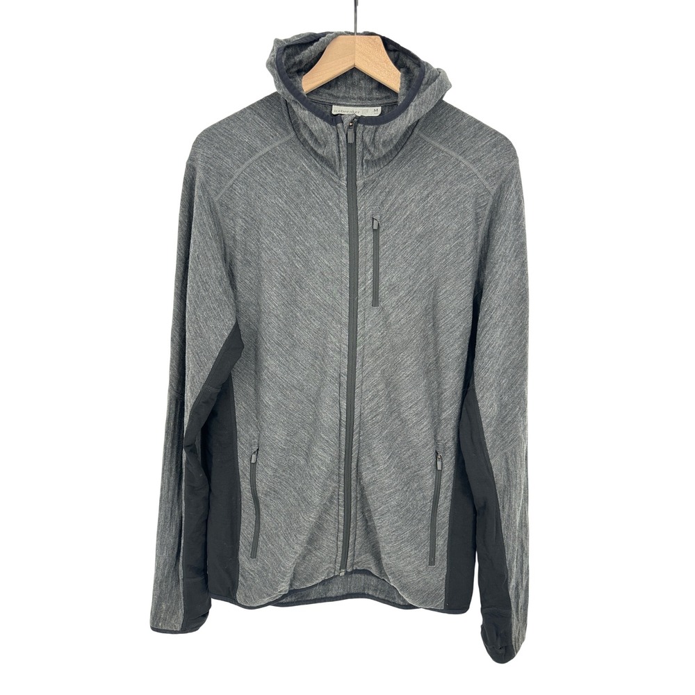 Icebreaker Hoodie Men M Gray Wool Full Zip Thumbhole Descender Active Jacket